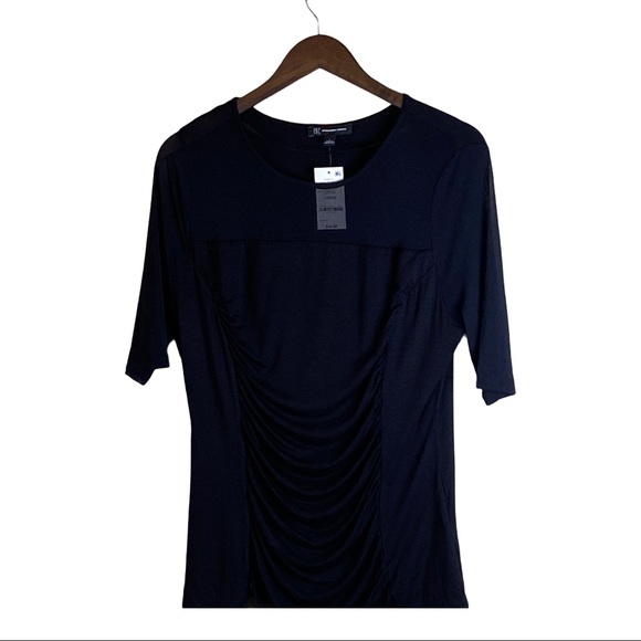 INC Sheer Ruched Short Sleeve Illusion Neck Top - Picture 9 of 9